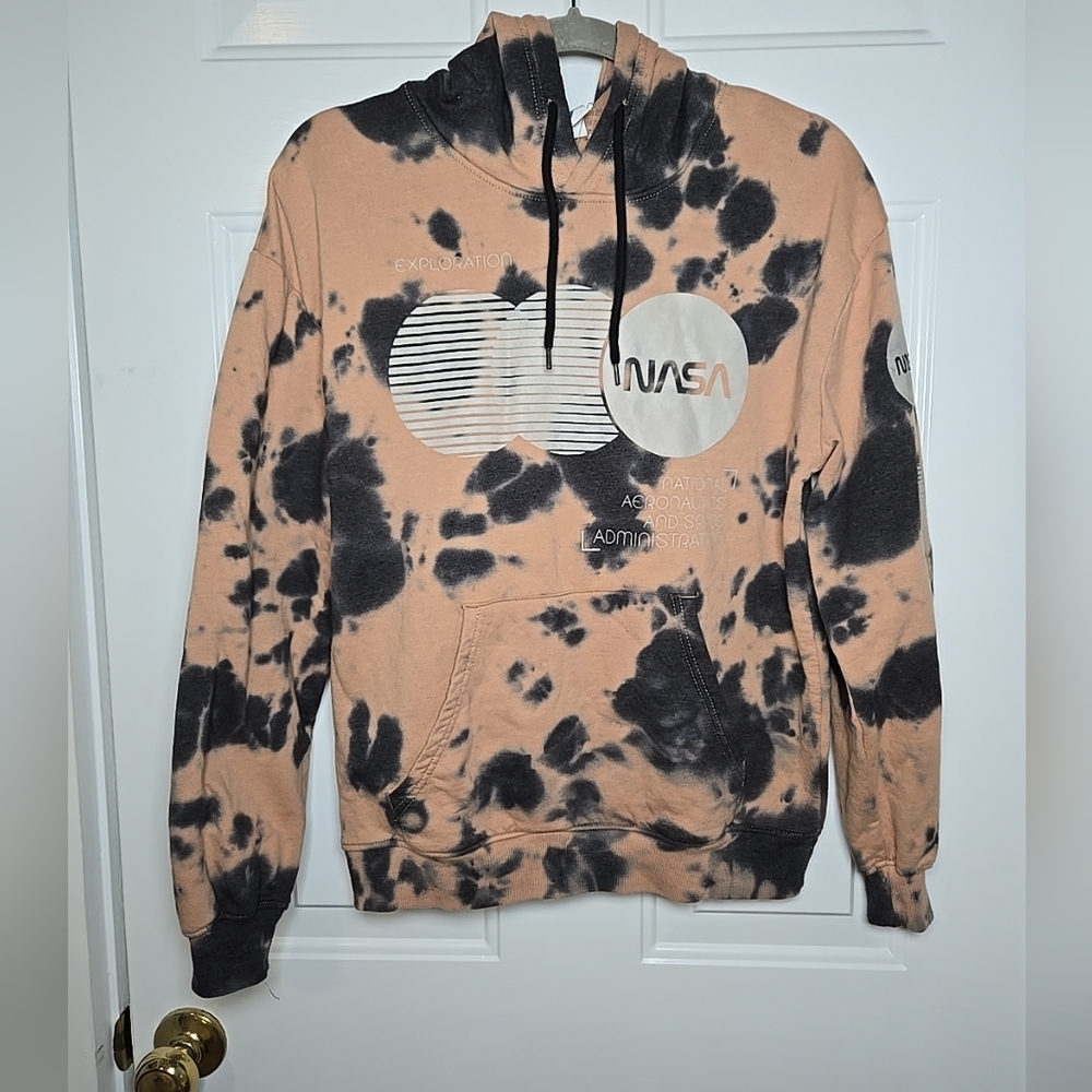NASA Tan With Black Ink Spots Pattern Hooded Sweatshirt Unisex Size Small